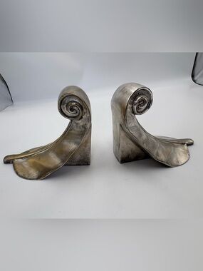 Vintage Heavy Decorative Scroll Bookends in Aged Silver and Brass Tone Finish